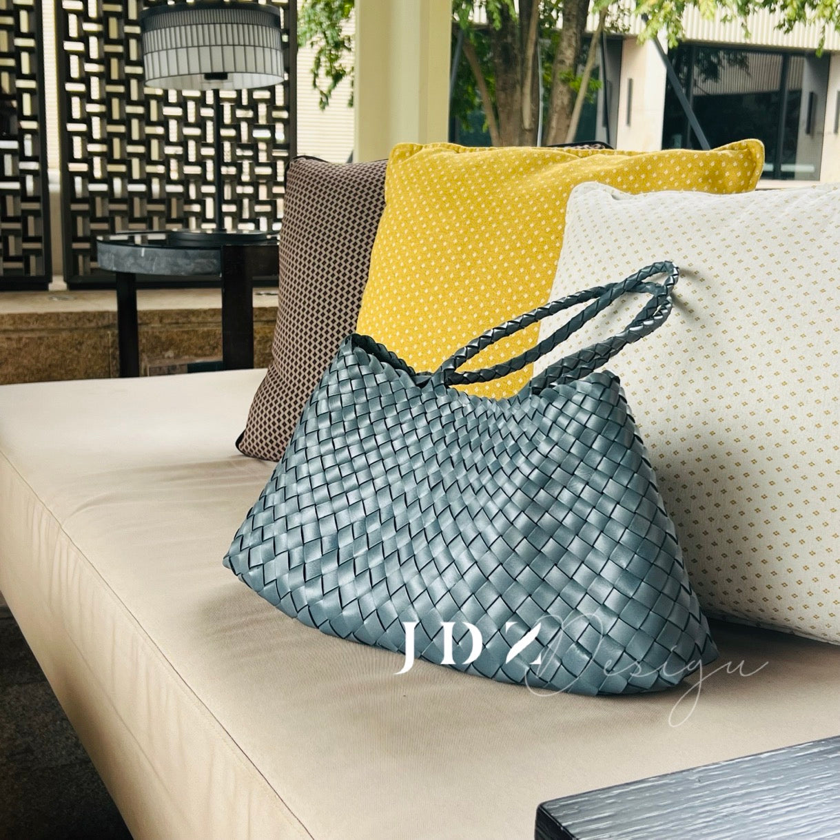 Mila - Retro Handwoven Genuine Cowhide Leather Tote Bag with Long Handle - light Blue