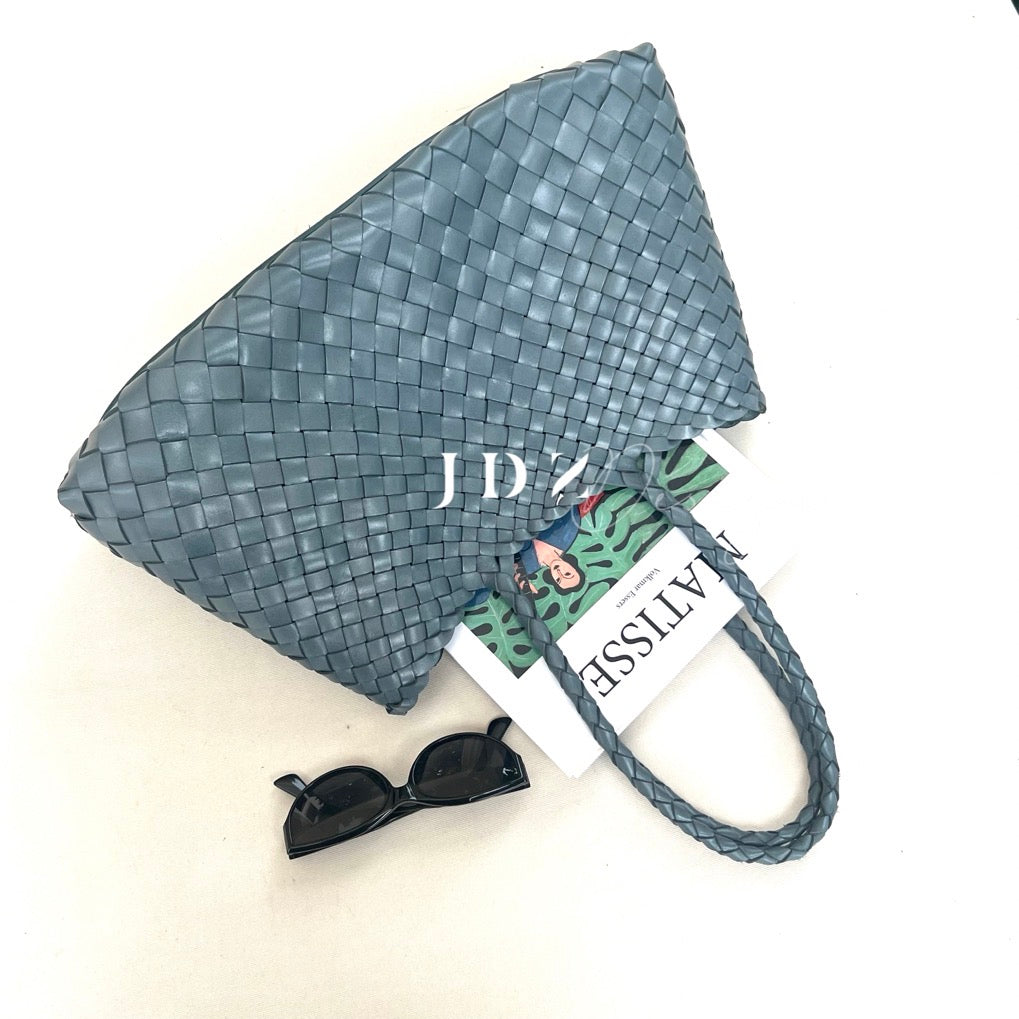 Mila - Retro Handwoven Genuine Cowhide Leather Tote Bag with Long Handle - light Blue