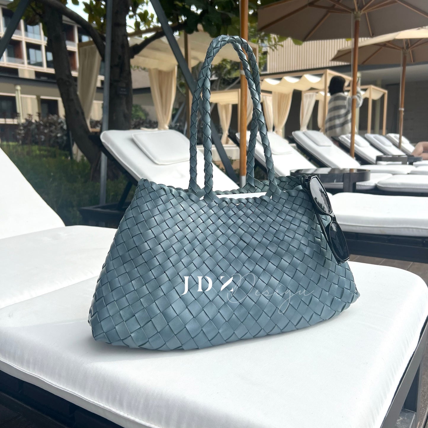 Mila - Retro Handwoven Genuine Cowhide Leather Tote Bag with Long Handle - light Blue