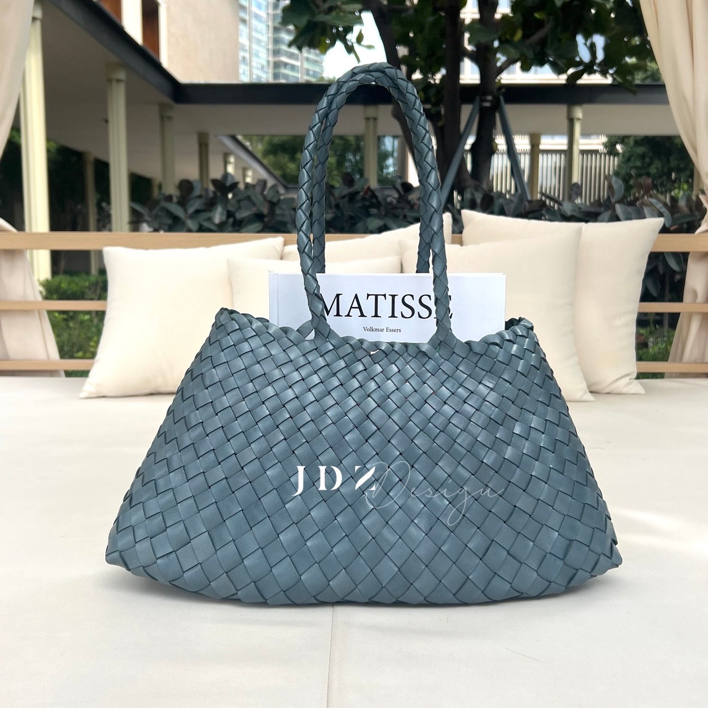 Mila - Retro Handwoven Genuine Cowhide Leather Tote Bag with Long Handle - light Blue