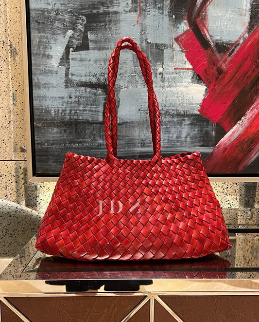 Mila - Retro Handwoven Genuine Cowhide Leather Tote Bag with Long Handle