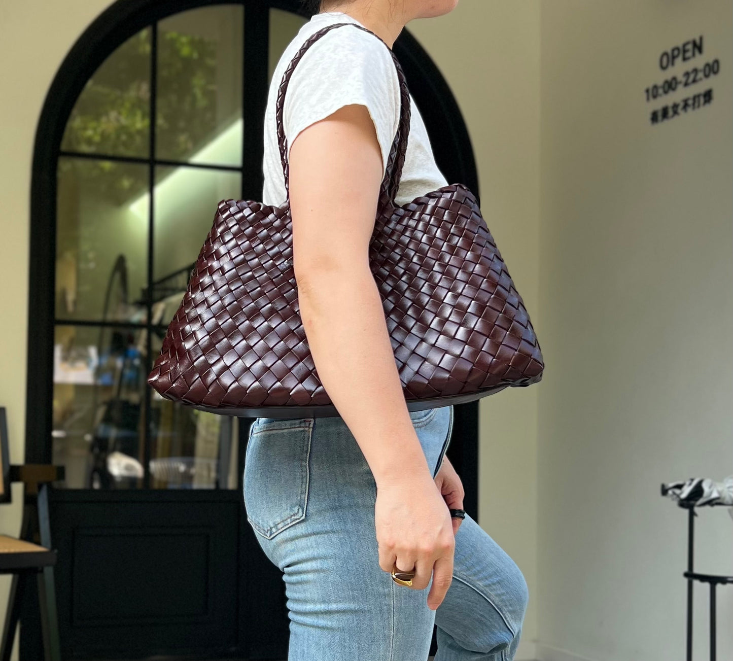 Mila - Retro Handwoven Genuine Cowhide Leather Tote Bag with Long Handle