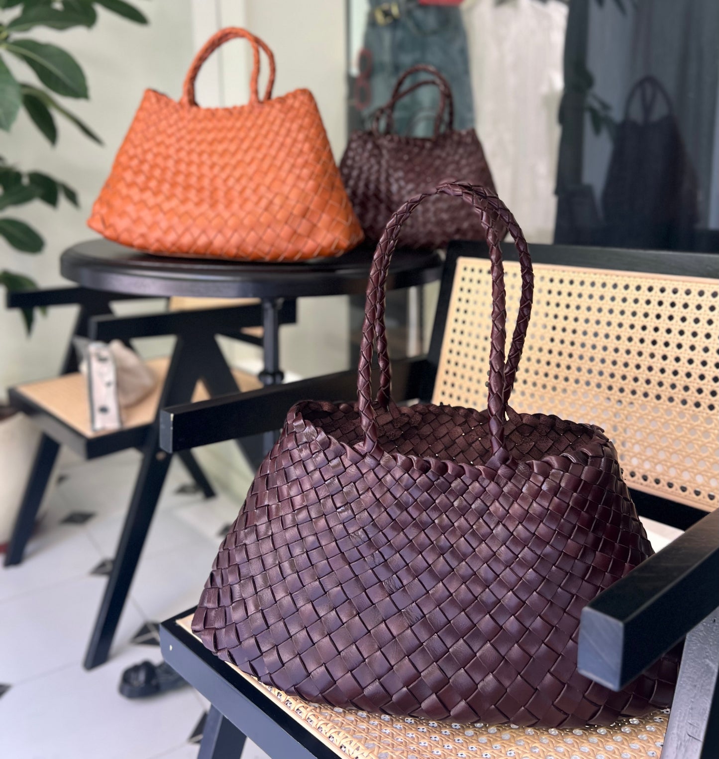 Mila - Retro Handwoven Genuine Cowhide Leather Tote Bag with Long Handle