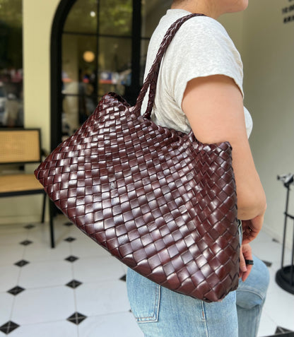 Mila - Retro Handwoven Genuine Cowhide Leather Tote Bag with Long Handle