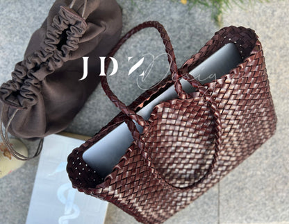 Eva - Retro Handmade Genuine Cowhide Woven Leather Tote Bag - Spacious Design