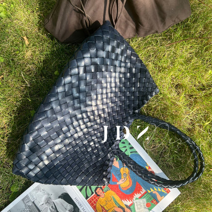 Mila - Retro Handwoven Genuine Cowhide Leather Tote Bag with Long Handle