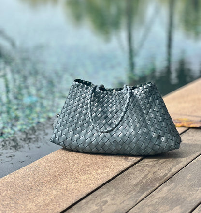 Mila - Retro Handwoven Genuine Cowhide Leather Tote Bag with Long Handle - light Blue