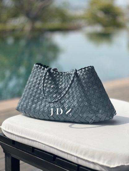 Mila - Retro Handwoven Genuine Cowhide Leather Tote Bag with Long Handle - light Blue