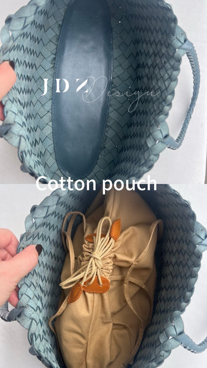 Mila - Retro Handwoven Genuine Cowhide Leather Tote Bag with Long Handle - light Blue