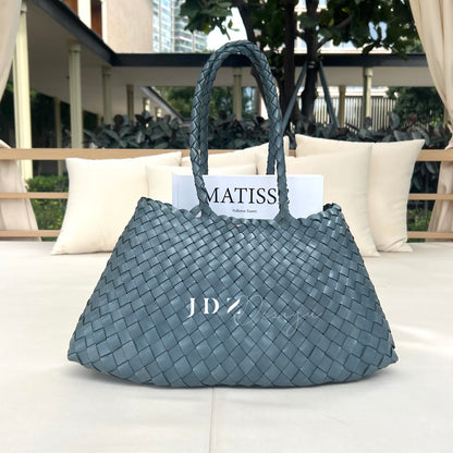 Mila - Retro Handwoven Genuine Cowhide Leather Tote Bag with Long Handle - light Blue