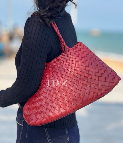 Mila - Retro Handwoven Genuine Cowhide Leather Tote Bag with Long Handle