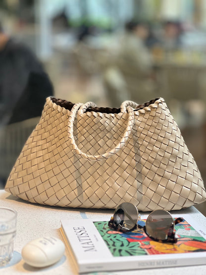 Mila - Retro Handwoven Genuine Cowhide Leather Tote Bag with Long Handle