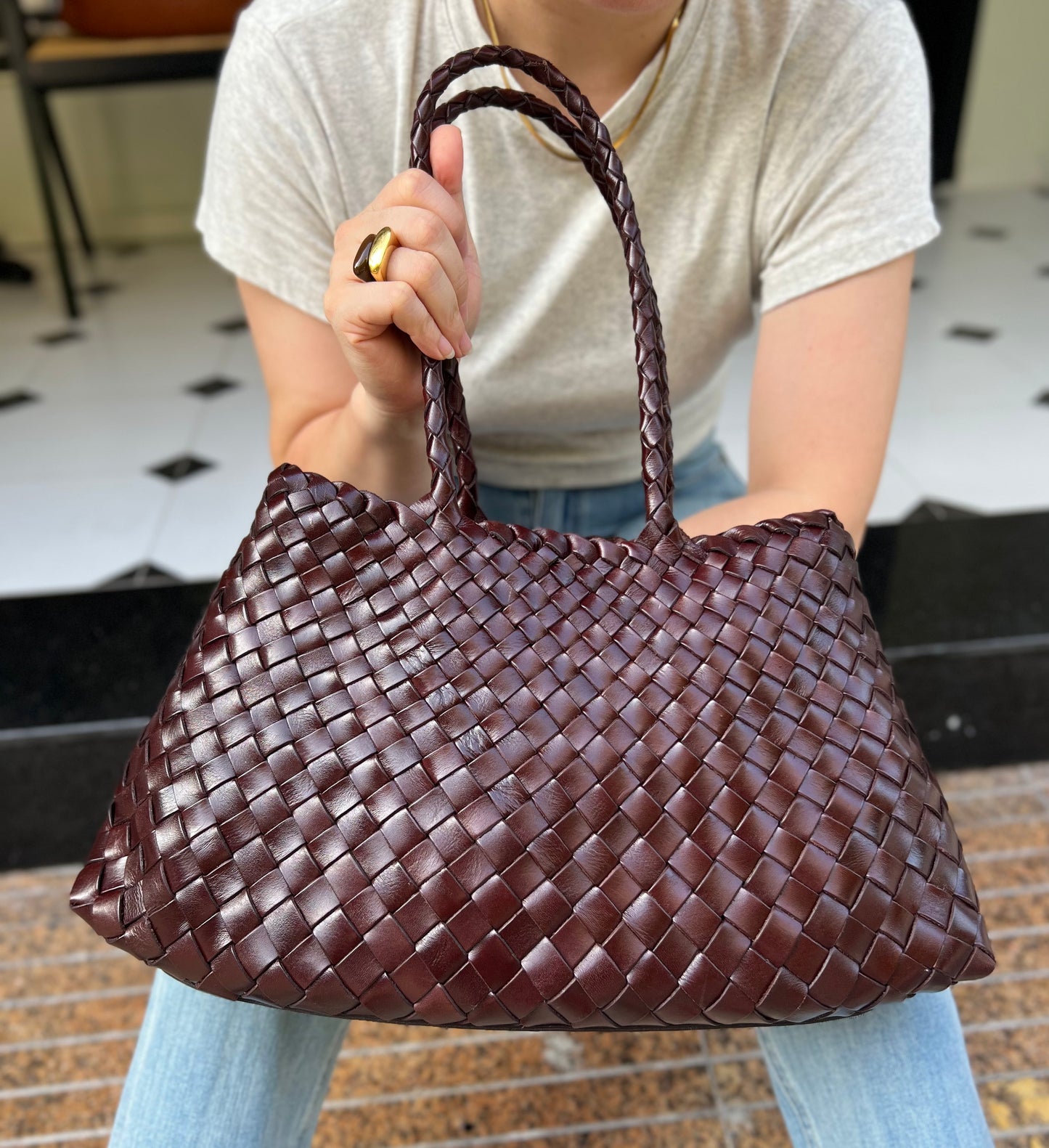 Mila - Retro Handwoven Genuine Cowhide Leather Tote Bag with Long Handle