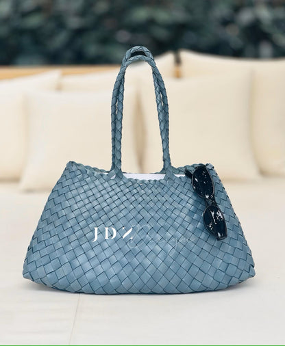 Mila - Retro Handwoven Genuine Cowhide Leather Tote Bag with Long Handle - light Blue