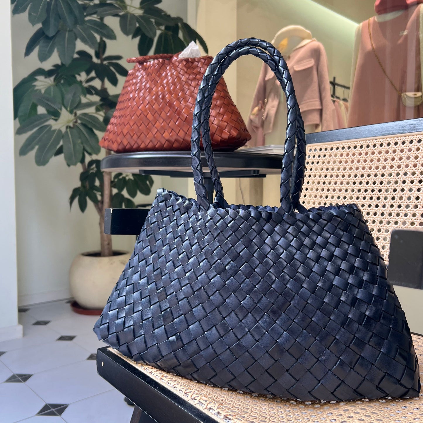 Mila - Retro Handwoven Genuine Cowhide Leather Tote Bag with Long Handle