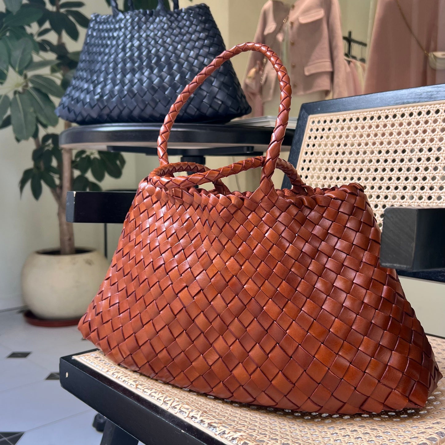 Mila - Retro Handwoven Genuine Cowhide Leather Tote Bag with Long Handle