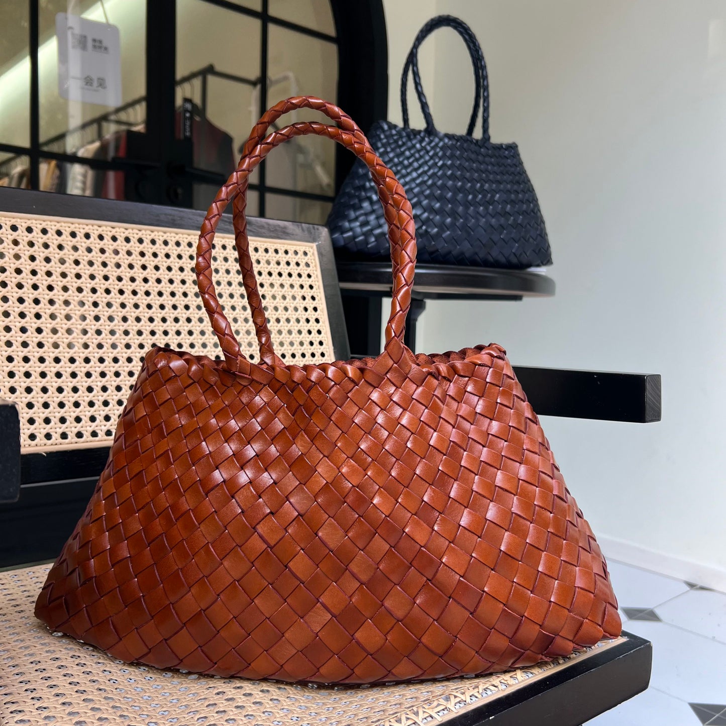 Mila - Retro Handwoven Genuine Cowhide Leather Tote Bag with Long Handle