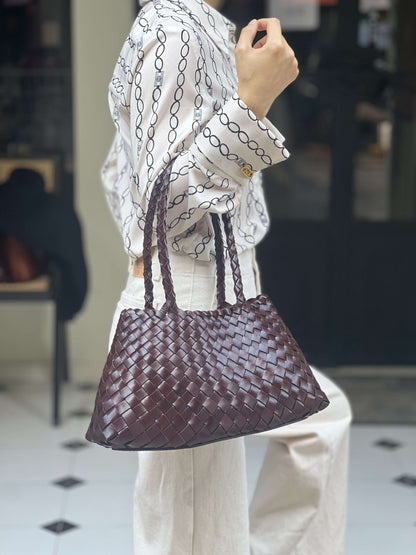 Mila medium- Retro Handwoven Genuine Cowhide Leather Tote Bag with Long Handle