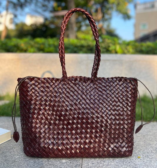 Eva - Retro Handmade Genuine Cowhide Woven Leather Tote Bag - Spacious Design