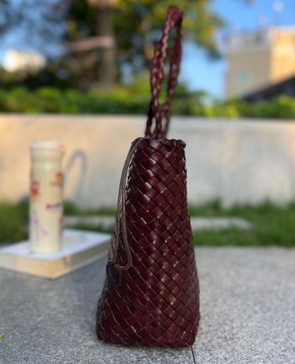 Eva - Retro Handmade Genuine Cowhide Woven Leather Tote Bag - Spacious Design