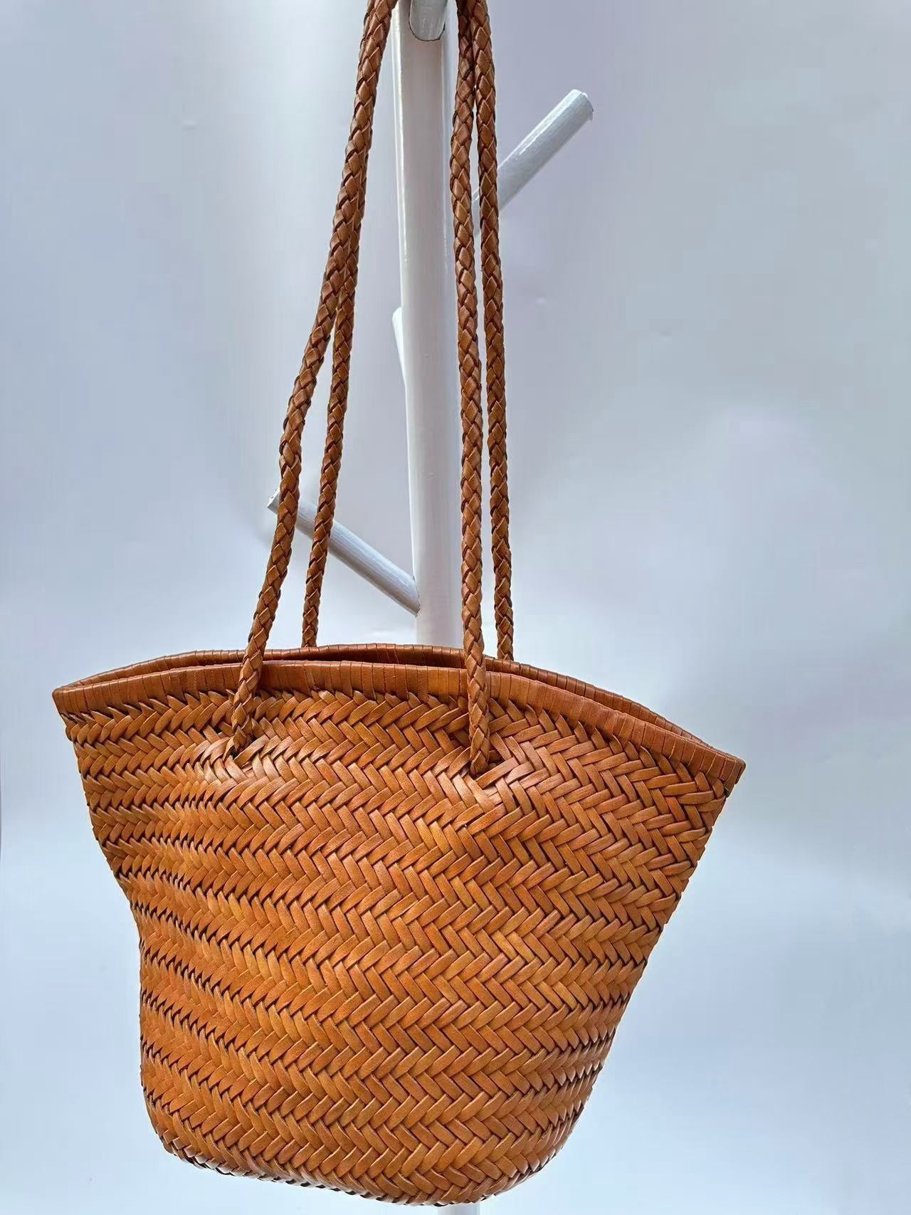 Ella - French Retro Woven Cowhide Leather Bucket Shoulder Bag