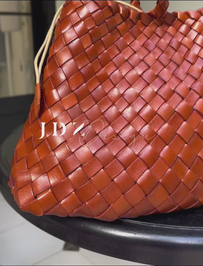 Mila - Retro Handwoven Genuine Cowhide Leather Tote Bag with Long Handle