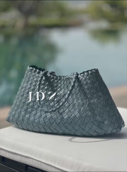 Mila - Retro Handwoven Genuine Cowhide Leather Tote Bag with Long Handle - light Blue